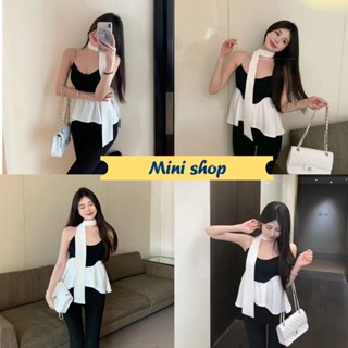 Mini shop🌸พร้อมส่ง🌸 (7678) เสื้อสายเดี่ยวไหมพรม แถมผ้าพันคอ ปลายเสื้อผ้าชีฟอง