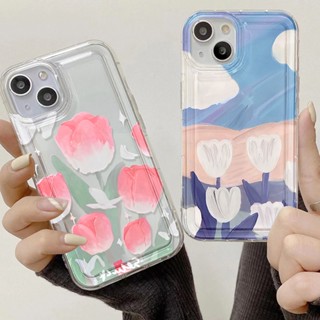 เคสโทรศัพท์มือถือแบบนิ่ม TPU ใส กันกระแทก ลายดอกทิวลิป สําหรับ IPhone 11 13 12 14 7 8 Plus X XS XR XS Max 14 Plus 12 13 14 Pro Max SE 2020