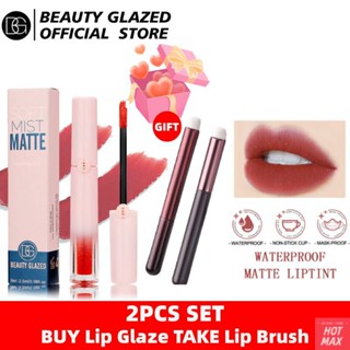 【2PCS】BEAUTY Glazed Water Mist Lip Glaze Velvet Matte Natural Whitening Makeup Not Fade No-stick Cup Lipstick Lip Gloss + Free Lip Brush [hotmax]