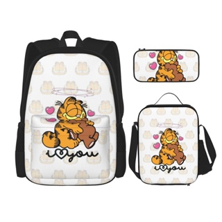 3 in 1 Garfield กระเป๋าเป้สะพายหลัง ใส่หนังสือ พิมพ์ลาย พร้อมกระเป๋าใส่กล่องอาหารกลางวัน ดินสอ เหมาะกับการพกพาเดินทาง