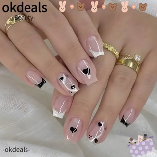 Okdeals เล็บปลอม หัวเหลี่ยม แบบเต็มรูปแบบ ความยาวปานกลาง สไตล์ฝรั่งเศส แฟชั่นสําหรับตกแต่งเล็บ