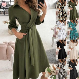 Womens Long Sleeve Floral Midi Dress Lace Up Belted V-Neck Solid Wrap Dresses