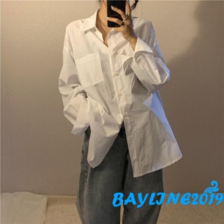 Bay- เสื้อเชิ้ตเบลาส์ แขนยาว คอปก เปิดกระดุม ทรงหลวม สีพื้น สีขาว แฟชั่นฤดูใบไม้ร่วง สําหรับผู้หญิง