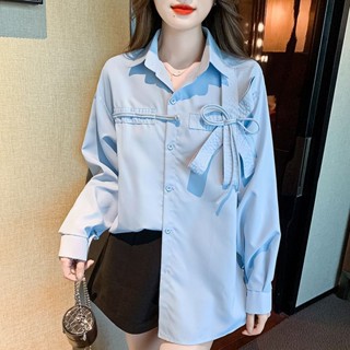 เสื้อโปโลแขนยาว คอโปโล ประดับโบว์ สีฟ้า แฟชั่นสําหรับผู้หญิง