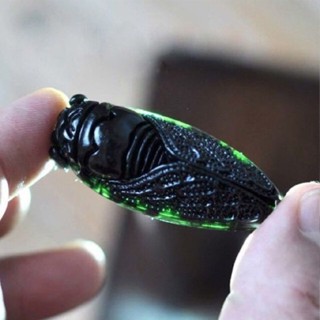 Natural Obsidian Green Jade Hand Carved Cicada Good Luck Charm Jewelry Pendant