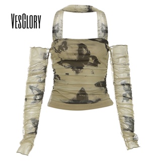 Vesglory เสื้อครอปท็อป เปิดไหล่ เปลือยหลัง พิมพ์ลายผีเสื้อ สีตัดกัน แฟชั่นสําหรับสตรี 2023