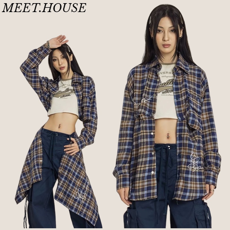 เสื้อลายสก๊อตเสื้อที่ถอดออกได้เสื้อผ้าฝ้ายแท้เสื้อครอปท็อปสองสวมใส่วิธีเสื้อแขนยาว