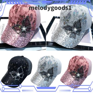 Melodygoods1 หมวกเบสบอล กันแดด ปรับขนาดได้ ประดับพลอยเทียม ลายผีเสื้อ สไตล์ฮิปฮอป สําหรับผู้ชาย และผู้หญิง