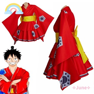 June ชุดเดรสคอสเพลย์ ลูฟี่ อนิเมะ Monkey D Wano Country Luffy Lolita พร้อมเข็มขัด สีแดง สําหรับผู้หญิง