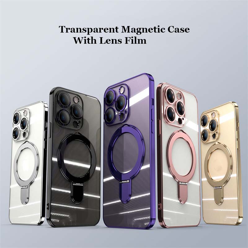 ชุบโปร่งใสรถแม่เหล็กดูดซับโลหะหมุนแหวนสําหรับ iPhone 16 15 14 13 12 Pro Max Plus ขาตั้ง TPU กรณี Shell Protector