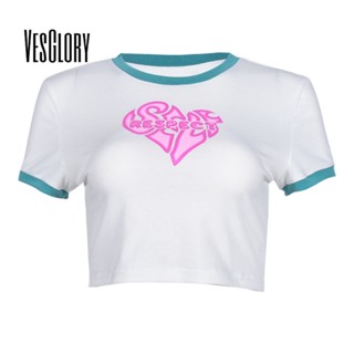 Vesglory เสื้อครอปท็อป คอกลม แขนสั้น พิมพ์ลาย สีตัดกัน เซ็กซี่ สําหรับผู้หญิง 2023