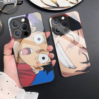 เคสโทรศัพท์มือถือกระจกนิรภัย แบบแข็ง ป้องกันเลนส์ ลายการ์ตูนอนิเมะ One Piece Luffy สําหรับ iPhone 14 Pro Max 13 11 12 X XR XS 7 8 Plus SE 2020