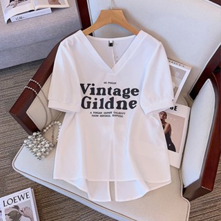 Shopkeepers selection# Large size womens back split short-sleeved T-shirt womens summer 2023 new Korean style loose slimming flesh-covering V-neck top womens 8.25N