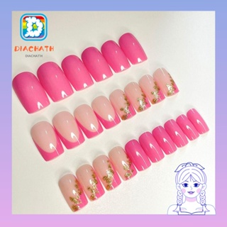 Diachath เล็บปลอม กลิตเตอร์ ฟอยล์สีทอง สีชมพู ใช้ซ้ําได้ ความยาวปานกลาง สไตล์ฝรั่งเศส สําหรับผู้หญิง 24 ชิ้น ต่อกล่อง