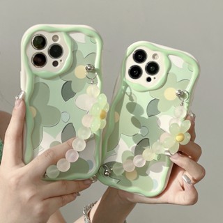 เคสโทรศัพท์มือถือ TPU ลายดอกไม้ สีเขียว พร้อมสายคล้องข้อมือ สําหรับ Apple IPhone 14 13 12 11 Pro Max