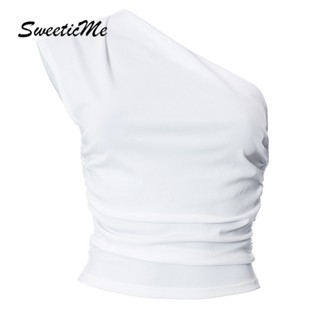 Sweeticme เสื้อกล้ามครอปลําลอง เปิดไหล่ สีพื้น แฟชั่นใหม่ สําหรับผู้หญิง 2023