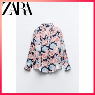 Zara ใหม่ เสื้อเชิ้ต ผ้าซาติน พิมพ์ลายดอกไม้ สําหรับผู้หญิง