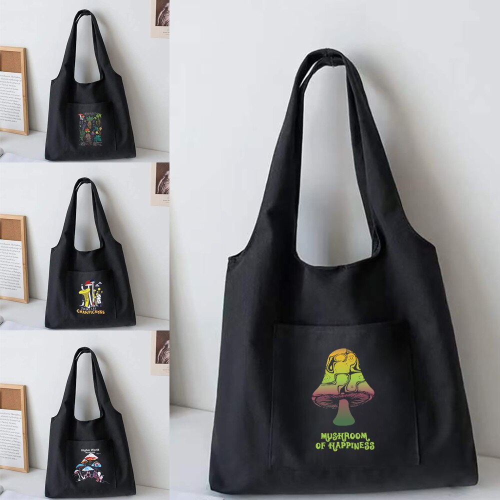 Mushroom Print  Bag Women Canvas Shoulder Bag Large Capacity Travel Tote Bags Portable Shopping Cosm