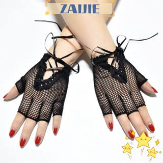 Zaijie24 ถุงมือตาข่าย แบบครึ่งนิ้ว สีดํา สไตล์พังก์ร็อค สําหรับผู้หญิง 2 คู่