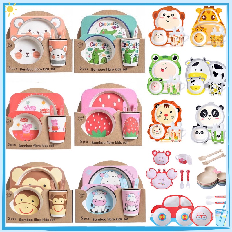 พร้อมส่ง จานเด็ก จานข้าวเด็ก ทำจากเยื่อไผ่ เหมาะสำหรับเด็ก จานข้าวลายการ์ตูน อุปกรณ์ทานอาหารเด็ก Set5ชิ้น ชุดจานข้าวเด็ก