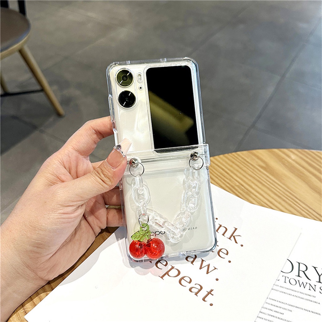 เคสโทรศัพท์มือถือแบบใส ฝาพับ กันกระแทก ลายเชอร์รี่ พร้อมสายโซ่คล้อง สไตล์เกาหลี สําหรับ OPPO Find N2 Flip findn2 Flip Find N2