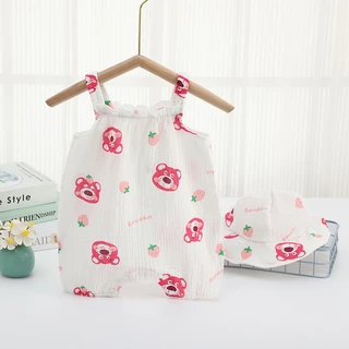 ชุดจั๊มสูทรอมเปอร์ ผ้าฝ้ายแท้ พร้อมหมวก แฟชั่นฤดูร้อน สไตล์เกาหลี สําหรับเด็กผู้ชาย และเด็กผู้หญิง อายุ 0-18 เดือน