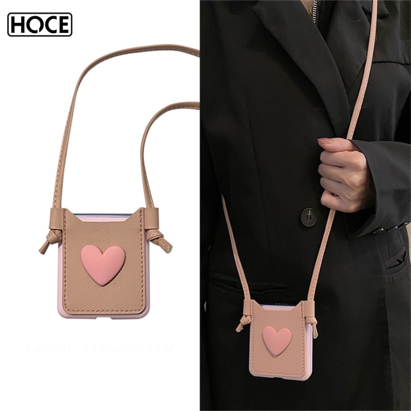 Hoce N3flip เคสโทรศัพท์มือถือหนัง ฝาพับ ลายหัวใจ 3D พร้อมช่องใส่บัตร สายคล้องยาว กันกระแทก สําหรับ OPPO Find N2 N3