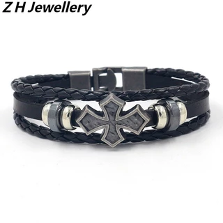 [Z H Jewelry] วินเทจ ร็อค ไขว้ ศาสนา สร้อยข้อมือหนัง ผู้ชายและผู้หญิง แฟชั่น สเตนเลส หลายชั้น ลูกปัด PU สร้อยข้อมือ พังก์ ปาร์ตี้ เครื่องประดับ อุปกรณ์เสริม