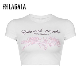 Relagala ใหม่ เสื้อยืดลําลอง แขนสั้น คอกลม เข้ารูป พิมพ์ลาย เซ็กซี่ แฟชั่นสําหรับสตรี 2023