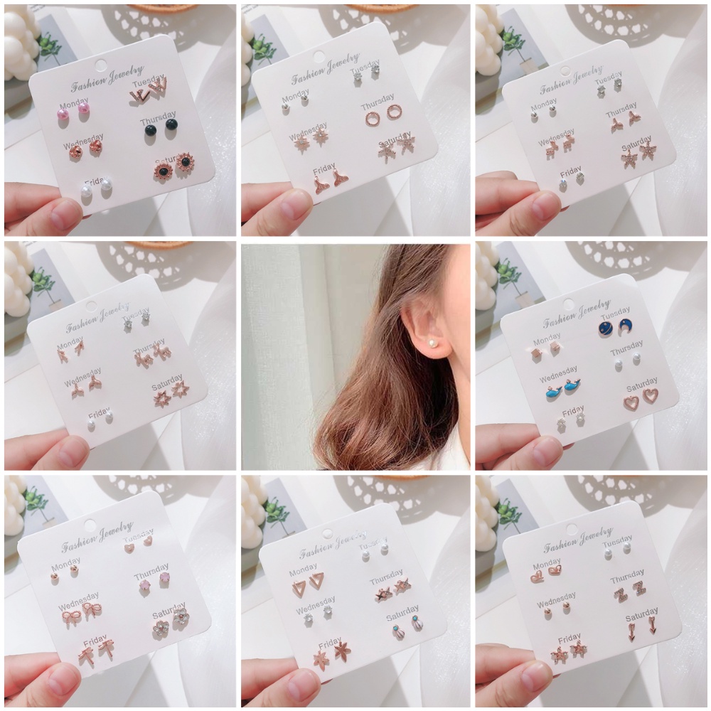A HELLO GIRL เกาหลี หนึ่งสัปดาห์ ต่างหู เซต 6 คู่ อารมณ์ โบว์มุก รัก ต่างหู สําหรับผู้หญิง สุภาพสตรี