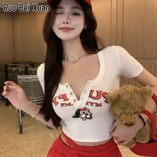 RUO BEI XUAN เสื้อยืดผู้หญิง เสื้อยืด ลายการ์ตูนเกาหลีมาใหม่