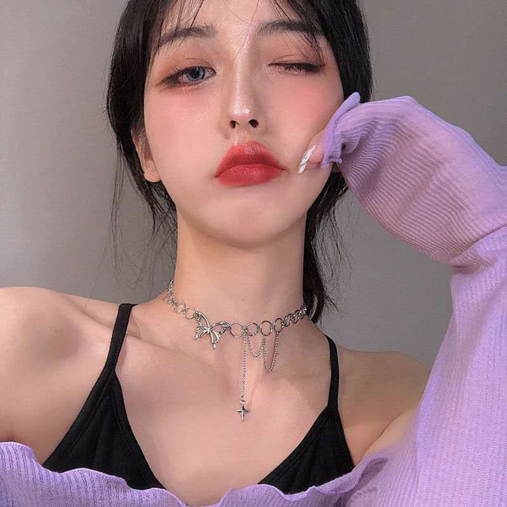 A HELLO GIRL สร้อยคอโชคเกอร์ สายโซ่ จี้ผีเสื้อ สีเงิน เครื่องประดับแฟชั่น สําหรับผู้หญิง ปาร์ตี้ ของขวัญ