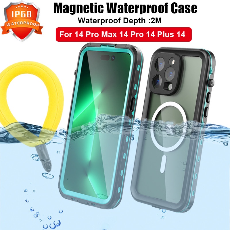 ชาร์จแม่เหล็ก IP68 กันน้ําสําหรับ iPhone 16 15 14 Pro Max 14 Plus Shock Drop proof ฝาครอบโทรศัพท์ 14 Pro ดําน้ําความลึก 2M ว่ายน้ํากีฬากลางแจ้ง
