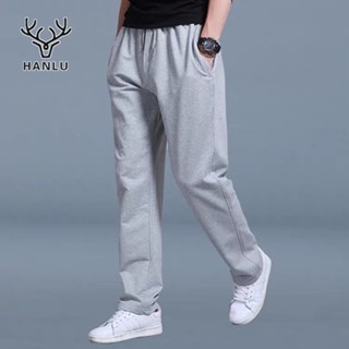 HANLU กางเกงขายาวผู้ชาย ใหม่ plus size กีฬาหลวม กางเกงลำลองทรงตรง สีที่เป็นของแข็ง แฟชั่นเกาหลี