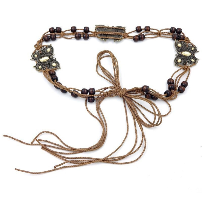 Cutiepie สไตล์โบฮีเมียนพู่ผูกปมเข็มขัดกว้างเชือกทอเข็มขัดเอว Boho Braid เข็มขัด
