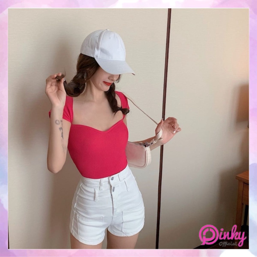 Pinky French ถักแขนสั้น Crop Top ผู้หญิง 4080