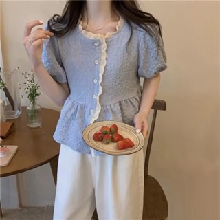 NZN เสื้อคาร์ดิแกน แขนสั้น แขนพัฟ แต่งลูกไม้ สีขาว แฟชั่นสําหรับผู้หญิง