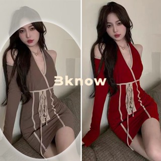 เดรสมินิเเขนยาว ชุดเดรสกระโปรงสั้นแขนยาวเว้าไหล่ดีไซต์เก๋ งานเข้ารูปหุ่นสลิม ชุดเดรสเกาหลี