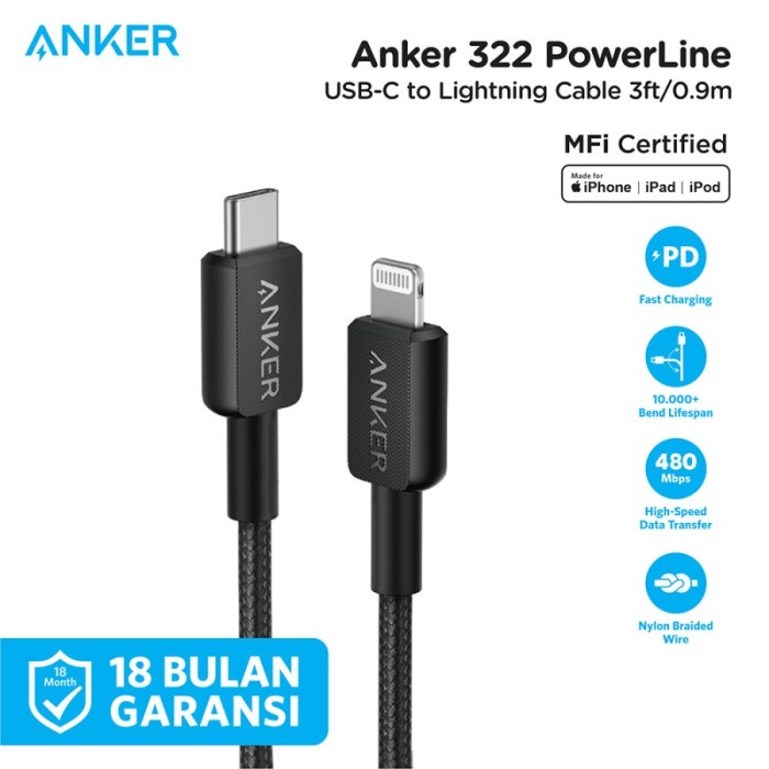 Souyoun - สายชาร์จ Anker 322 MFI USB Type C to Lightning 3FT - A81B5