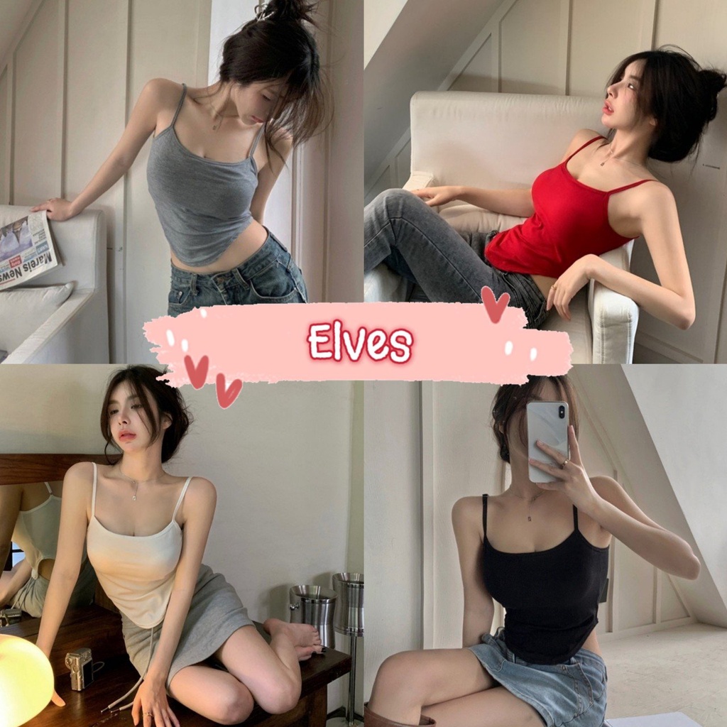 Elves✨พร้อมส่ง✨ เสื้อสายเดี่ยว ฟองน้ำ สายปรับสั้นยาวได้ ผ้ารัดตัวทิ้งตัว ~FY3318~ -DD