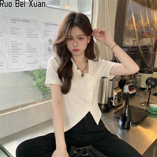 RUO BEI XUAN เสื้อยืดคอวีเก๋ไก๋ไม่ซ้ำใครหญิงหวานร้อนสาวบางดีไซน์แขนสั้นคาร์ดิแกนด้านบน