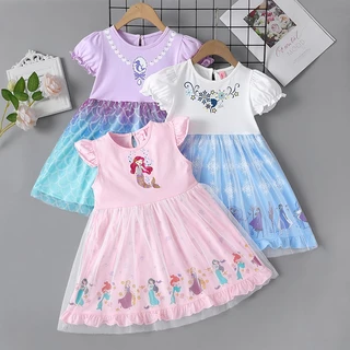 ชุดเดรสเจ้าหญิงเงือก แขนสั้น ผ้าฝ้าย สีขาวหิมะ สําหรับเด็กผู้หญิง อายุ 2-7 ปี