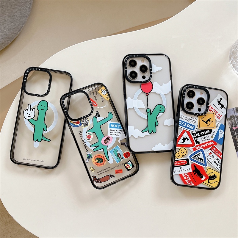 Casetifg น่ารักไดโนเสาร์ป้ายชาร์จแม่เหล็กเคสโทรศัพท์พร้อมกล่องสําหรับ iPhone 16 11 12 13 14 15 Pro Max 16 Plus Clear กันกระแทกป้องกันกรณีซิลิโคนอะคริลิคฮาร์ดปกหลัง