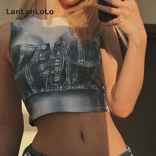 Lanlanlolo เสื้อกล้ามลําลอง คอกลม แขนกุด พิมพ์ลาย สําหรับผู้หญิง 2023