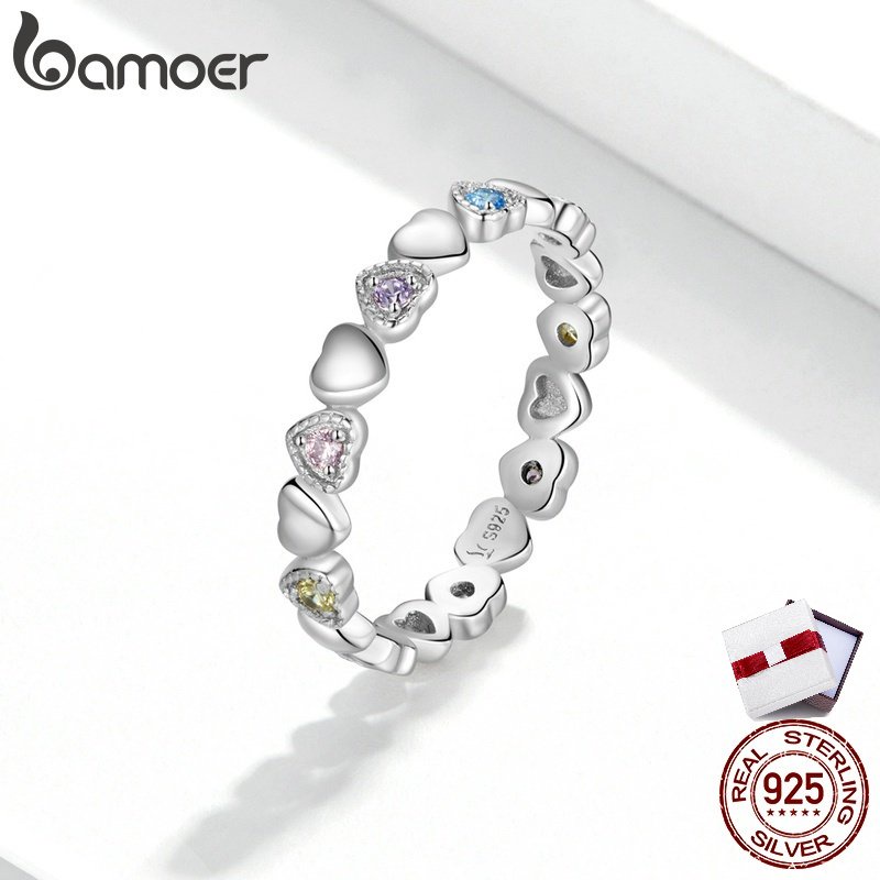 Bamoer แหวนเงินแท้ 925 Stackable Heart Black Jeweley สําหรับผู้หญิงงานแต่งงาน SCR140