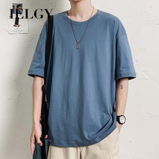 IELGY เสื้อยืดลําลอง แขนสั้น คอกลม ทรงหลวม ขนาดใหญ่ สีพื้น สไตล์ญี่ปุ่น สําหรับผู้ชาย