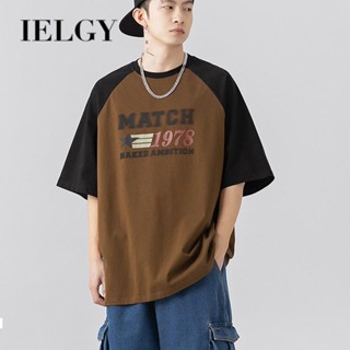 IELGY เสื้อยืดแขนสั้น พิมพ์ลาย สไตล์ญี่ปุ่นย้อนยุค สีตัดกัน สําหรับผู้ชาย