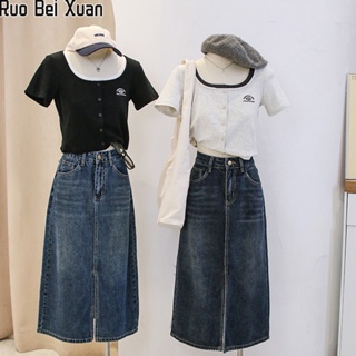 Ruo Bei Xuan สตรีใหม่คอสี่เหลี่ยมสูงเอวบางแขนสั้นเสื้อยืดด้านบน