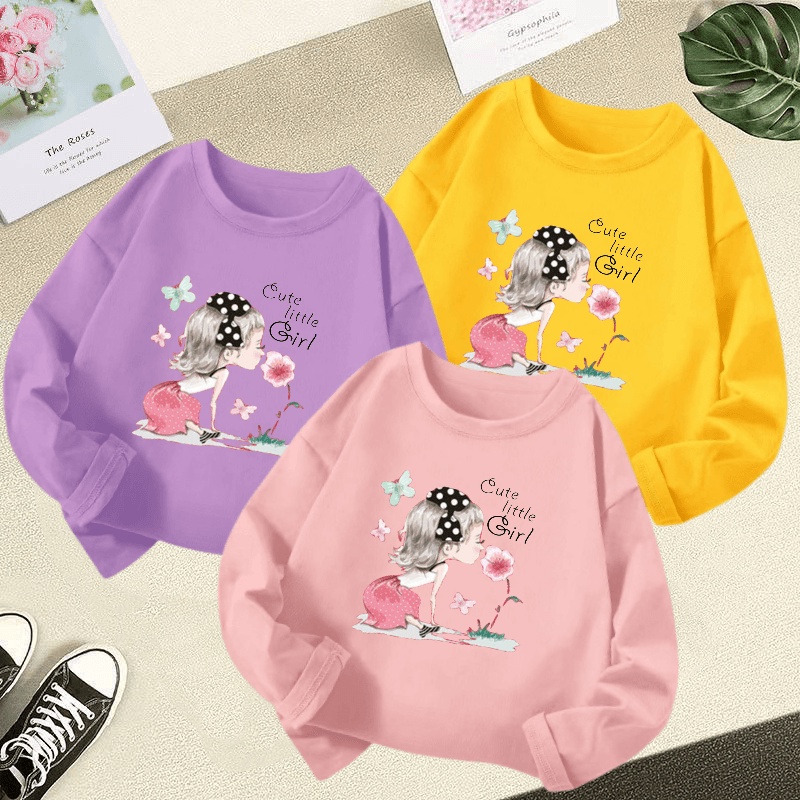 เสื้อยืดคอกลม แขนยาว พิมพ์ลายการ์ตูนน่ารัก สไตล์เกาหลี สําหรับเด็กผู้หญิง อายุ 3-12 ปี
