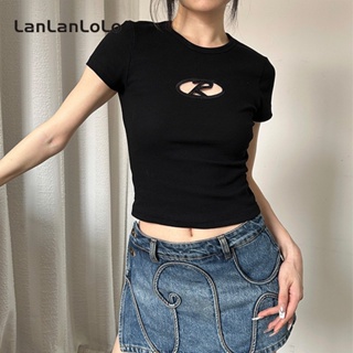 Lanlanlolo เสื้อยืดลําลอง ผ้าฝ้าย 100% แขนสั้น คอกลม ทรงสลิมฟิต สีพื้น แฟชั่นสําหรับสตรี 2023